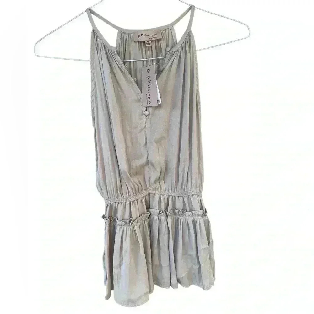 Philosophy cream malt Gold Button Front Halter Top With Ruffle Waist sz XS NWT